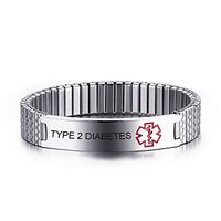 VNOX Stainless Steel Medical Aert ID Type 2 Diabetes Watch Band Strentch Bracelet for Women Girl,7.7"-7.9"