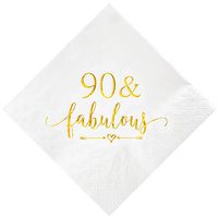 Crisky 90 and Fabulous Cocktail Napkins Gold for Women 90th Birthday Decorations, 90th Birthday Bevergae Dessert Cake Table Supplies, 50Pcs, 3-Ply