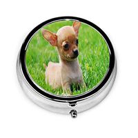 Pill Box Cute Pet Chihuahua Dogs Round Pill Case Daily Metal Silver Medicine Tablet Holder Organizer Storage Cases for Purse Pocket Travel Vitamin,Small 2 inch,3 Compartment