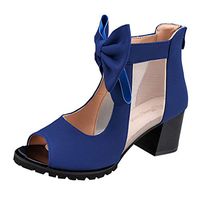 KANGMOON Women Heel Sandals Women's Ladies Flock Bowknot Tulle Square High Heels Sandals Roman Shoes 35