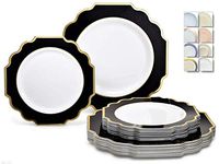 " OCCASIONS" 240 Plates Pack,(120 Guests) Heavyweight Wedding Party Disposable Plastic Plates Set -120 x 10.5'' Dinner + 120 x 8'' Salad/Dessert (Imperial in Black & Gold)