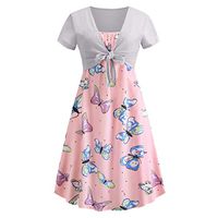 Womens Floral Print Midi Dresses Sleeves Bow Knot Bandage Suit Summer Casual Cover Up Vintage Straps Mini A-Line Tshirt Dress Loose Swing Flowy Pleated Floral Sun Dress