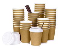Disposable Hot Paper Coffee Cups - HMCC 12oz 50 Set with Lids and Stirring Straws Leakproof Insulated Hot Cups Protect Hands to go Coffee Cups,Tea, Coco & Chocolate (Brown, Sleeves-Free Design)