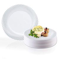Elegant Disposable Plastic Dinner Plates 120 Pcs - 10.25" Heavy Duty Fancy White with Silver Swirl Dinner Plates - Bulk Party Supplies - Reusable Plates For Wedding, Easter, Birthday & All Occasions