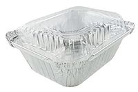 Pactogo 1 lb. Oblong Deep Aluminum Foil Take-Out Pan with Clear Plastic Dome Lid Disposable Containers 5.56" x 4.56" x 1.62" (Pack of 50 Sets)