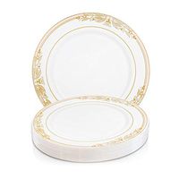 Elegant Disposable Plastic Dessert Plates 120 Pcs - 7.5" Heavy Duty Fancy White with Pink & Gold Appetizer Plates - Bulk Reusable Salad Cake Party Plates For Wedding, Easter, Birthday & All Occasions