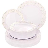 NERVURE Gold Plastic Plates - White with Gold Disposable Wedding Party Plastic Plates 96PCS Include 48PCS 10.25inch Dinner Plates ,48PCS 7.5inch Salad/Dessert Plates .