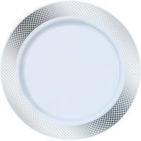 Royalty Settings Crystal Collection Fancy Heavy Duty Plastic Plates for Weddings, Premium Hard Plastic Plates for Parties, White with Silver Rim, Set of 80, 7 inch Disposable Plastic Plates