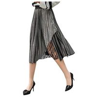 Theoylos Women's A-Line Maxi Skirt Metallic Flannel Pleated Midi Party Skirt High Waist Lace Long Fit Skirts