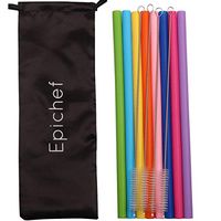 Epichef Reusable Straws Set of 8 Dark Blue Silicone Drinking Straws, Big & 10" Long Straight & Bendy Silicon Straw for 20oz 30oz Tumbler, with 4 Brushes & Carry Bag. BPA Free, Great for Smoothie, Yeti
