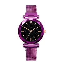 Fxbar Women Elegant Watch New Star Dial Diamond Cut Surface Quartz Analog Magnetic Band Wrist Watch (Purple)