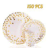 Gold Dot Paper Plates and Cups Set for 50; - 50 Dinner Plates, 50 Dessert Plates, 50 Cups - Perfect for Wedding Supplies, Birthday Party Decorations, and Bachelorette Parties