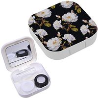 Portable Contact Lens Case Box Travel Kit Mirror + Bottle + Tweezers Container Holder [ White Roses Botanical Watercolor ]