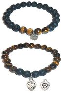 Hidden Hollow Beads Charm Tigers Eye and Black Lava Natural Stone Women's Yoga Beaded Stretch Bracelet Set. Comes in A Gift Box! (Love My Dog)