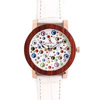 BOBO Bird Womens Ladies C-J04 Natural Wood Bamboo Watch with Gemstones - White Genuine Leather Band