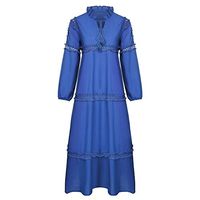 HNTDG Women Plus Size Bohemian Solid Lace Crochet Patchwork Casual Loose 3/16 Sleeve Collar Tunic Dress Blue