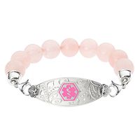 Divoti Custom Engraved Medical Alert Bracelets for Women, Stainless Steel Medical Bracelet, Medical ID Bracelet w/Free Engraving – Lovely Filigree Tag w/Rose Quartz Bead-Pink-7.0"