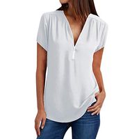 Meikosks Ladies Summer Tops V Neck Zipper Loose T-Shirt Plus Size Short Sleeve Blouses Solid Tees
