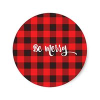Red Black Buffalo Check Plaid Be Merry Round Christmas Label Tag Stickers for Envelopes