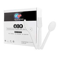 Qua Nevo 100% Biodegradable Compostable Disposable CPLA Cutlery Set 200 Pack (100 Forks, 50 Spoons, 50 Knives) | 7” Long Premium Ivory White Eco-Friendly Plastic Utensils Flatware Silverware