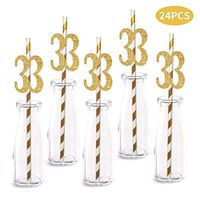 33rd Birthday Paper Straw Decor, 24-Pack Real Gold Glitter Cut-Out Numbers Happy 33 Years Party Decorative Straws