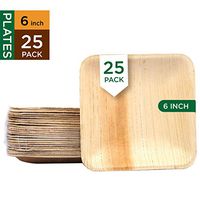 Raj Disposable Palm Leaf Plates - Decorative Compostable Tableware for Lunch, Dinner, Birthday, Camping, Outdoor BBQ, Picnic Parties (25 Count, 6" Square Plates)