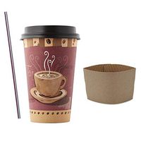 (100 Sets) 16 oz Disposable Coffee Cups with Dome Lids and Sleeves, FREE BONUS Stirrers, Coffee Print Paper Hot Cups with Black Lids, To Go Coffee Cups/Latte, Cappuccino, Tea, Chocolate