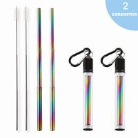 Telescopic Drinking Straw,Reusable Straws Steel Metal Straight Straw for Kids Drinks with Portable Cleaning Brush Set of 2, Rainbow Color