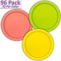 96 Paper Dinner Plates (9") - Neon Green, Coral, Neon Yellow - 32 Per Color, 3 Colors - Great Assortment for Birthday Parties, Weddings, Holidays, Baby Shower, Celebrations, and more