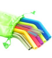 Reusable Straws, Eco-Friendly, 2pc Bent Easy to Sip Stainless Steel Straws, 6pc Bent Silicone Straws, 3 Cleaning Brushes, 1 Storage Pouch, BPA Free, FDA apvd, Straw, Tumblers, Smoothies