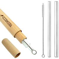 Ecodesya Reusable Glass Straws - Two Different Sizes Of Straw,Lenghts 210 mm,Widths 12mm,8mm,Ergonomic Design Wooden Holder,Provides Use With All Drinking Types,Eco Friendly (CLEAR)