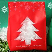 SCHOLMART Clear Flat Cello Cellophane Treat Gift Bags for Bakery, Cookies, Candies, Dessert, Christmas Snowman, Buddies Holiday (50 Pack) (3.5 x 8 Inch, Christmas Tree (Red))