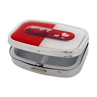Pill Box White & Red Heart Love-Pill Oblong Travel Pill Case - Two Compartments & Mirror SC1362