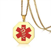 LiFashion LF Stainless Steel IP Gold Plated Personalized ICE Blood Thinner Medical Alert Necklace Octagon Medical ID Tag Pendant Awareness Sos Emergency Allergy Jewelry for Men Women