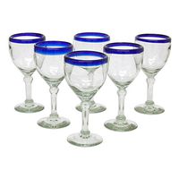 Novica Artisan Crafted Recycled Glass Clear Blue Rim Hand Blown Wine Goblets Glasses, 10 Oz. 'Acapulco' (Set Of 6)