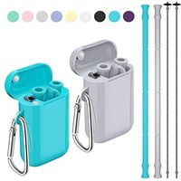 Silicone Straws, Funbiz 2 Pack Portable Collapsible Reusable Straw with Case and Extra Long Cleaning Brush for Kids Adult, BPA Free Foldable Travel Drinking Straws for Smoothie Coffee, Teal & Grey