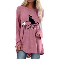 Sunhusing Women's Lazy Cat Letter Printed Loose Round Neck Solid Color Long Sleeve Pullover Long Tunic Tops(Pink,3XL)