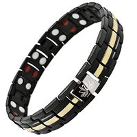 Double Strength Magnetic Therapy Bracelet Titanium 4in1 Bio Elements 44 Grains Power Health for Mens Benefits Arthritis Pain Relief (Black & Gold)