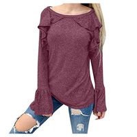 〓COOlCCI〓Women Long Sleeve Flare Sleeve Solid Round Neck Tunics Shirt Tops Casual Pullover Sweatshirt Casual Clothing Red