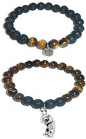 Hidden Hollow Beads Charm Tigers Eye and Black Lava Natural Stone Women's Yoga Beaded Stretch Bracelet Set. Comes in A Gift Box! (Otter)