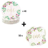 Baby Girls 1st Birthday Party Bundle with Cocktail Napkins and 9 Inch Paper Plates (98 Pieces)