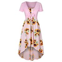 Womens Sunflower Short Sleeve Midi Dresses Bow Tie Front Bandage Suit Summer Casual Coverups Tops Straps High Low Mini Tshirt Dress Loose Swing Flowy Pleated Floral Sun Dress
