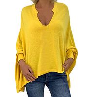 Meikosks Ladies Long Sleeve V-Neck Pullover Plus Size Tops Solid Color Loose T Shirt Yellow