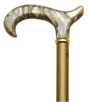 Walking cane-Oscar Night. This walking stick cane has a derby lucite pearly blond handle. This walking aid has a hardwood metallic gold high finish shaft. This wooden cane has a capacity of 250 pounds and 36 inches long.