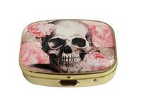 LCTCKP Custom Fashion Square Glass Gold Pill Case Decorative Metal Western Medicine Tablet Container Box (Rosa Skull)