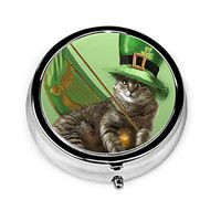 St. Patrick's Day Irish Cat Sitting On A Pot of Gold Pill Box - Compact 3 Compartment Medicine Case