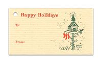 (15 Tags) Birdhouse Christmas TAN Gift Tags & Strings. Happy Holidays. to: from: Hang Tags