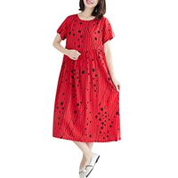 Vintage Casual Cute Dress Women Summer Dot Short Sleeve Knee Length Dress Red