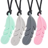Sensory Chew Necklace for Boys and Girls - Chewable Silicone Pendant for Teething, Autism, Biting, ADHD, SPD, Oral Motor Aids for Kids -2 Pack Feather Biting Necklace (Gray Pink White Green)