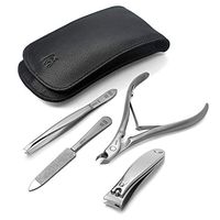 GERmanikure 4pcs Travel German FINOX Surgical Stainless Steel: Cuticle Nippers, Tweezers, Nail Clippers and Nails File Pocket Manicure Pedicure Set in Leather